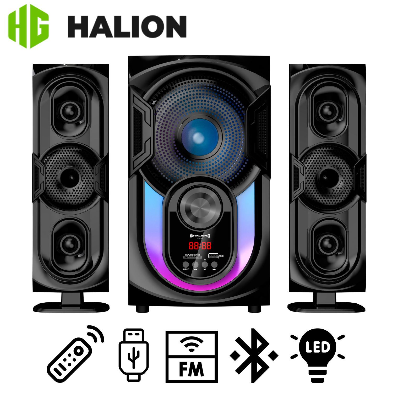 Parlante Halion HA-F62 Oxford 2.1 Bluetooth con Subwoofer 6,5″ y Luces RGB